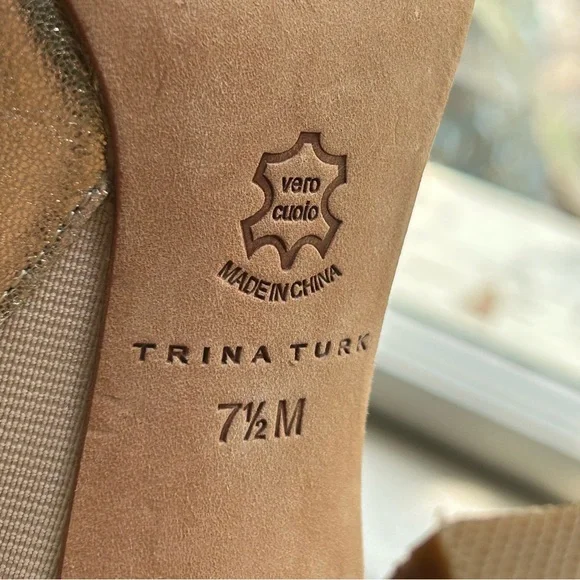 Trina Turk Gold Metallic Leather Cork Heel Mule Sandal Pink Sole - Picture 8 of 9